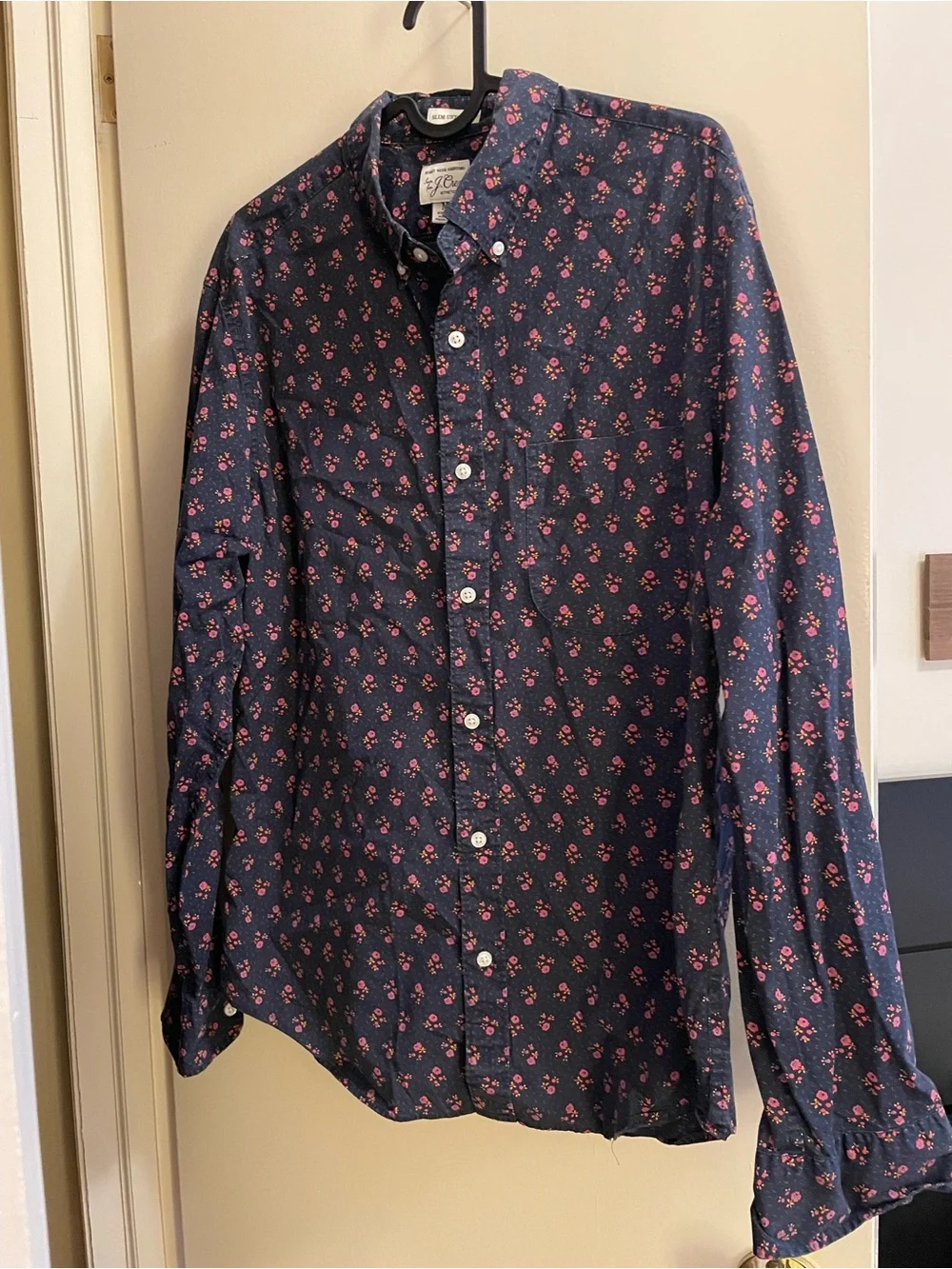J. Crew Secret Wash button down shirt in navy floral, slim untucked, M short